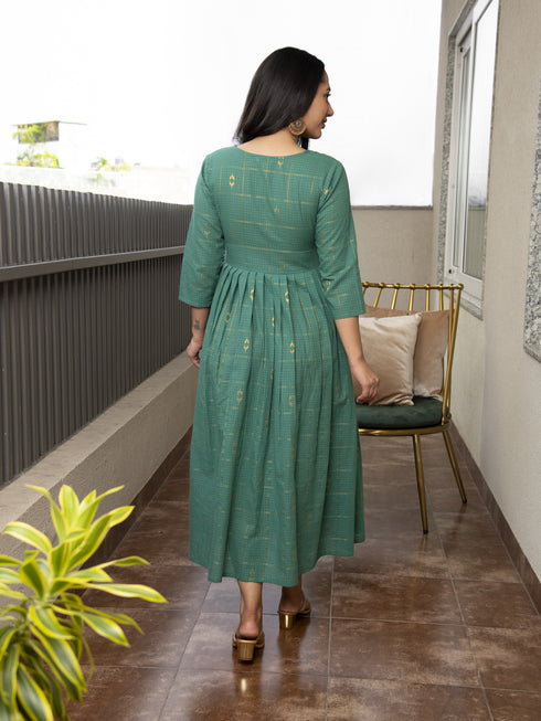 AAHELI GATHIKA TEAL GREEN YARN DYED COTTON MAXI DRESS AAHELI GATHIKA TEAL GREEN YARN DYED COTTON MAXI DRESS